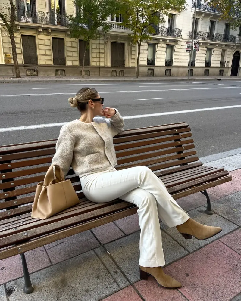 Plush Cream Coat with White Trousers Look