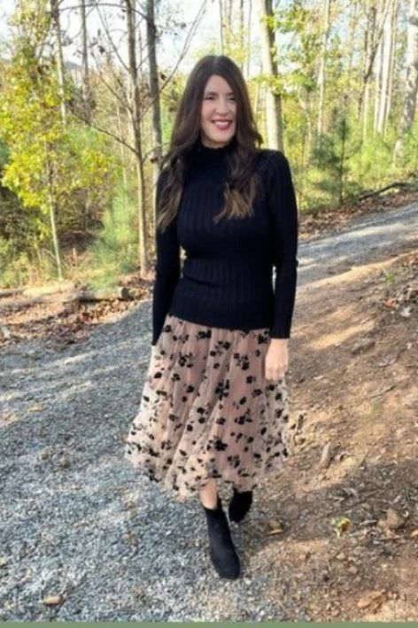 Floral Tulle Midi Skirt with Black Knit Sweater