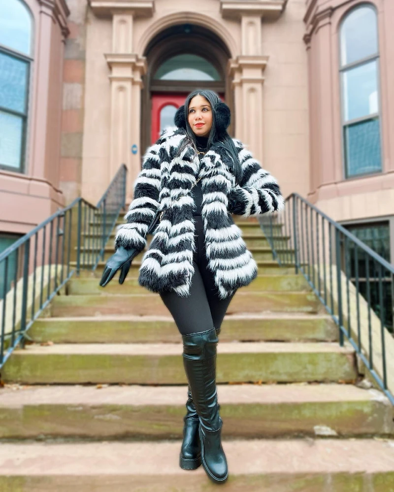 Striped Faux Fur Coat with Leather Accents