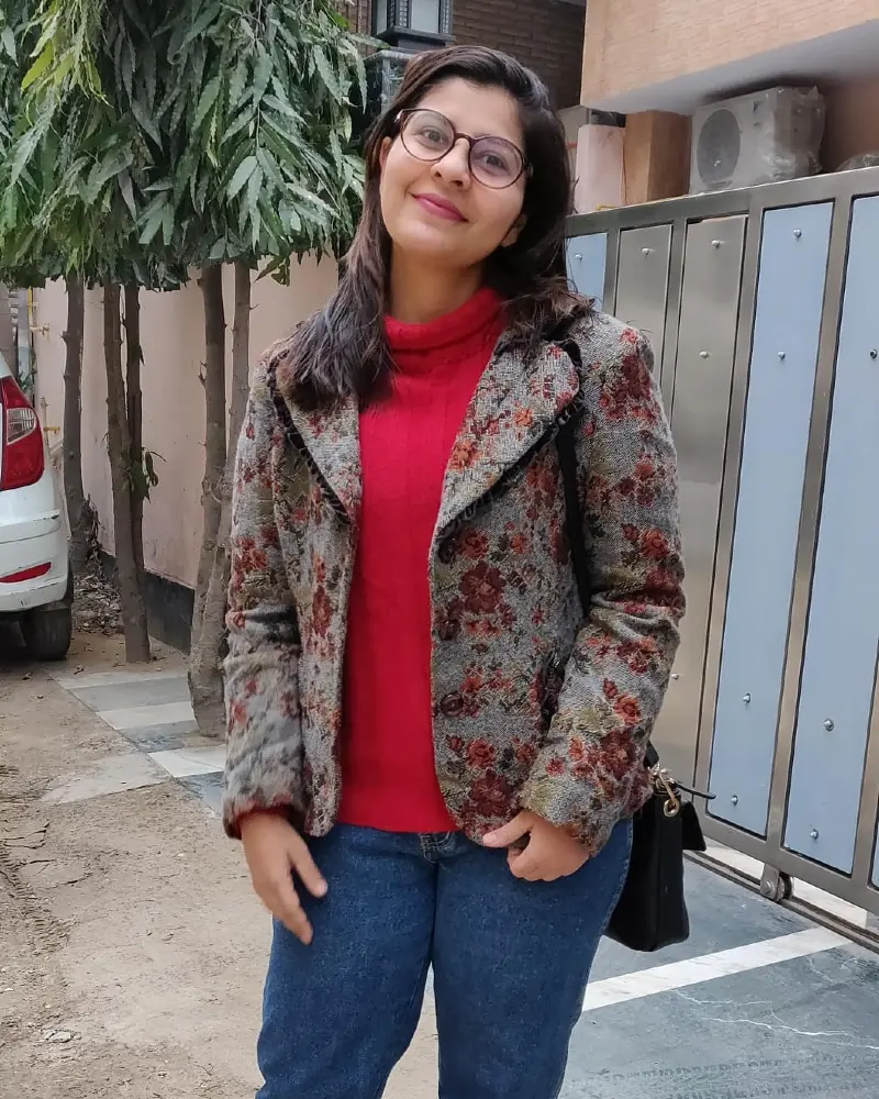 Floral Woolen Jacket with Red Turtleneck