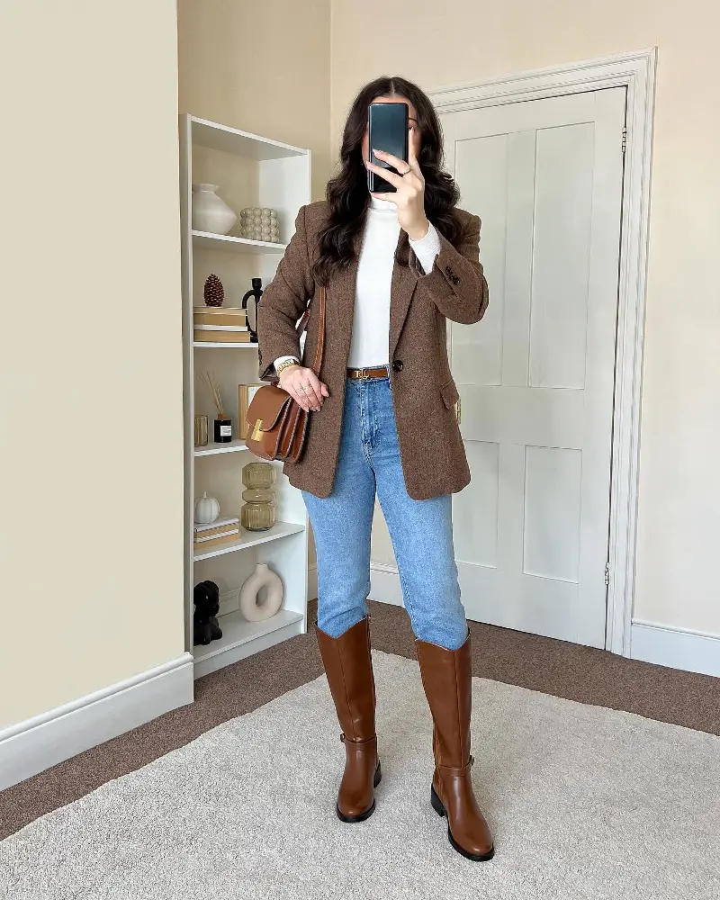 Brown Tailored Blazer with Knee-High Boots