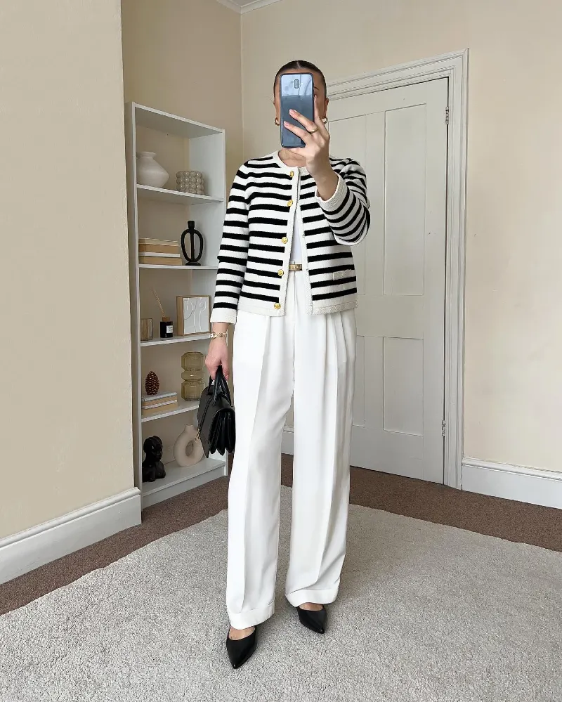 Striped Cardigan with Wide-Leg Trousers