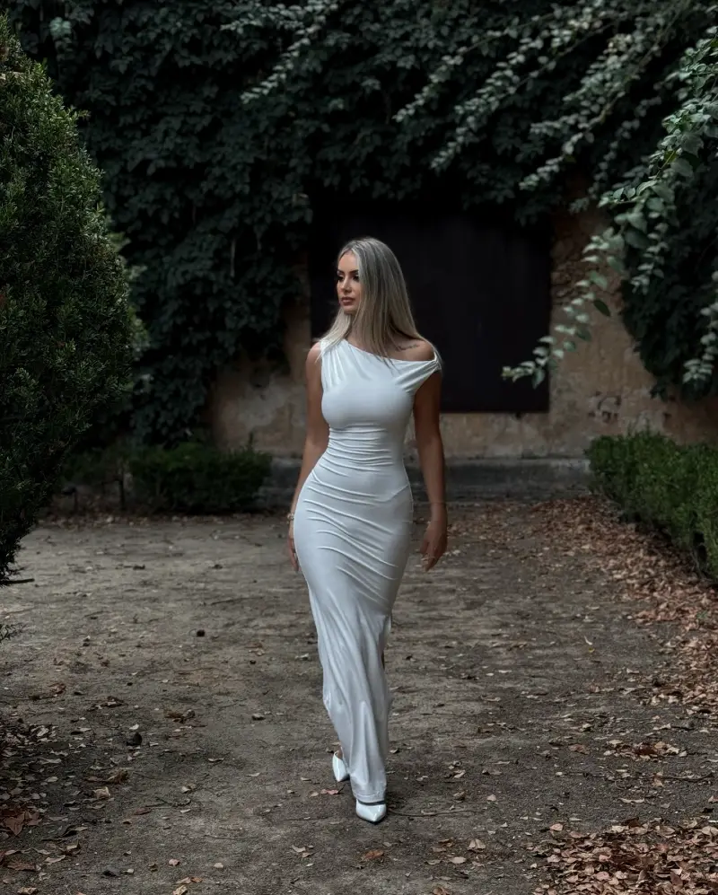 One-Shoulder White Evening Gown