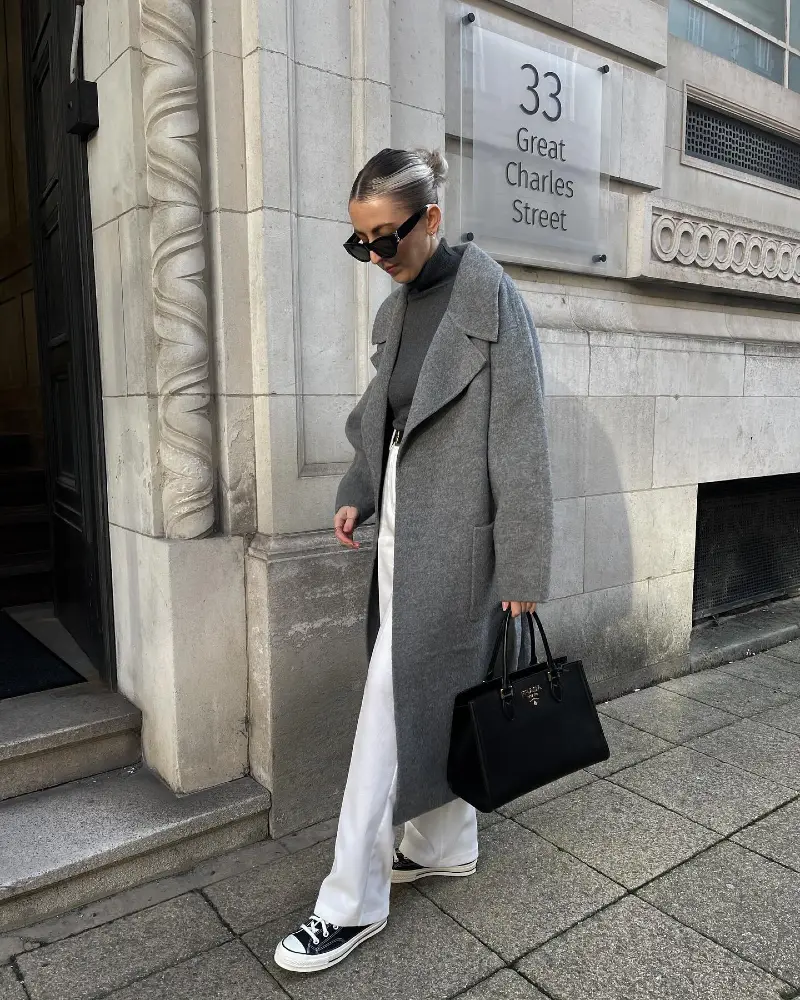 Grey Coat with White Pants and Sneakers