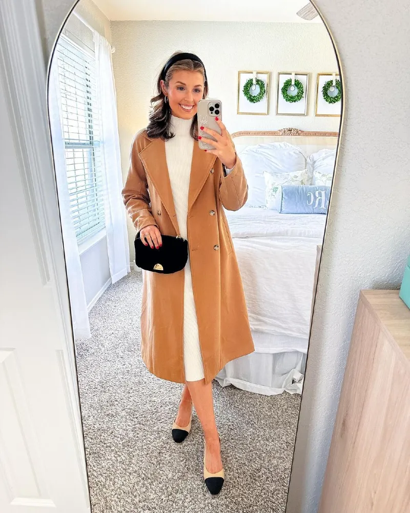 Camel Elegance with Knit Dress