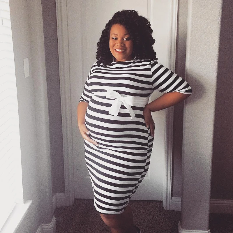 Black and White Striped Maternity Dress with Bow Detail