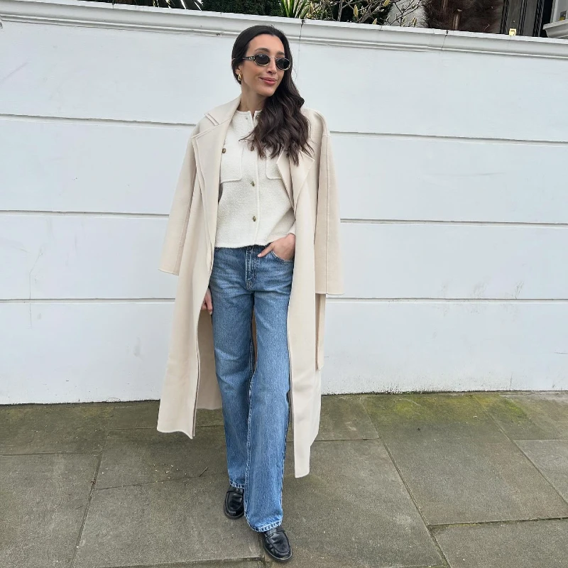 Cream Long Coat with Casual Denim Look