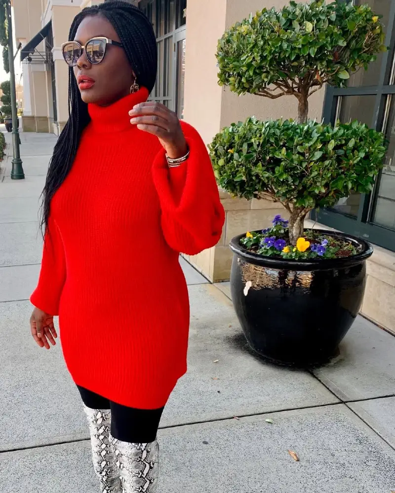 Bold Red Knit Sweater Dress with Snakeskin Boots