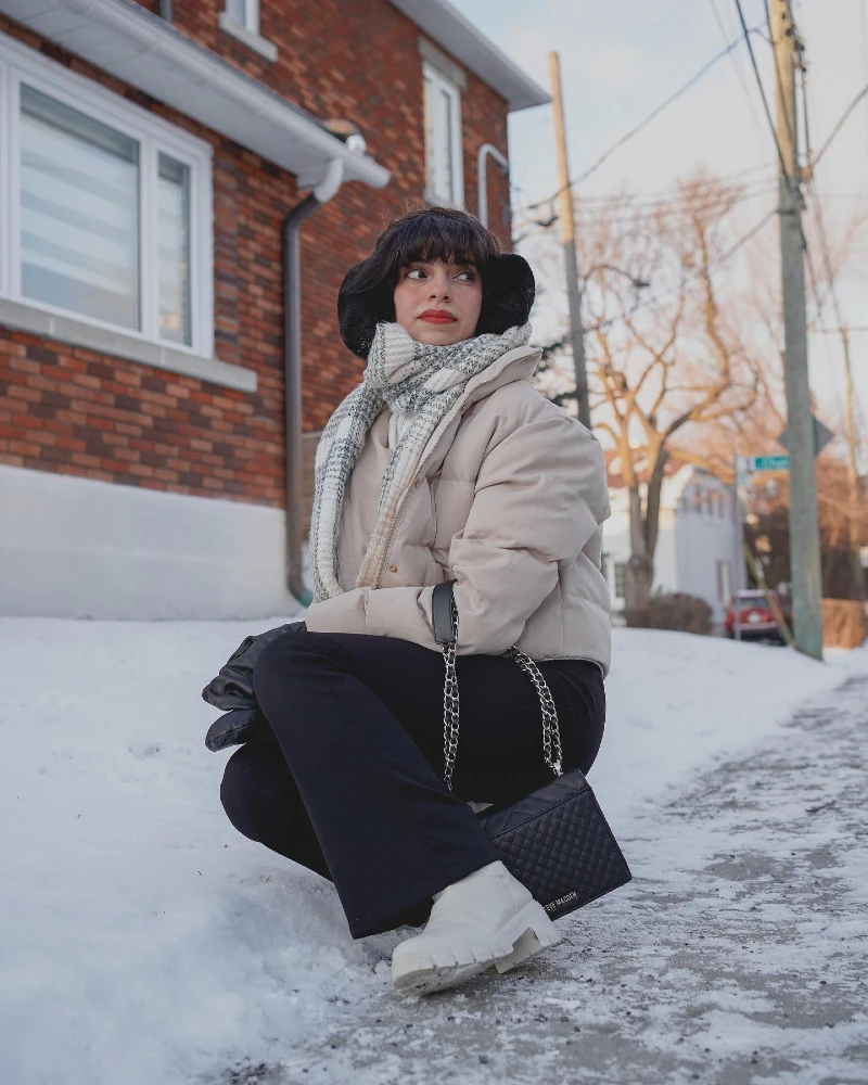 Cozy Puff Jacket with Winter Boots and Flared Pants