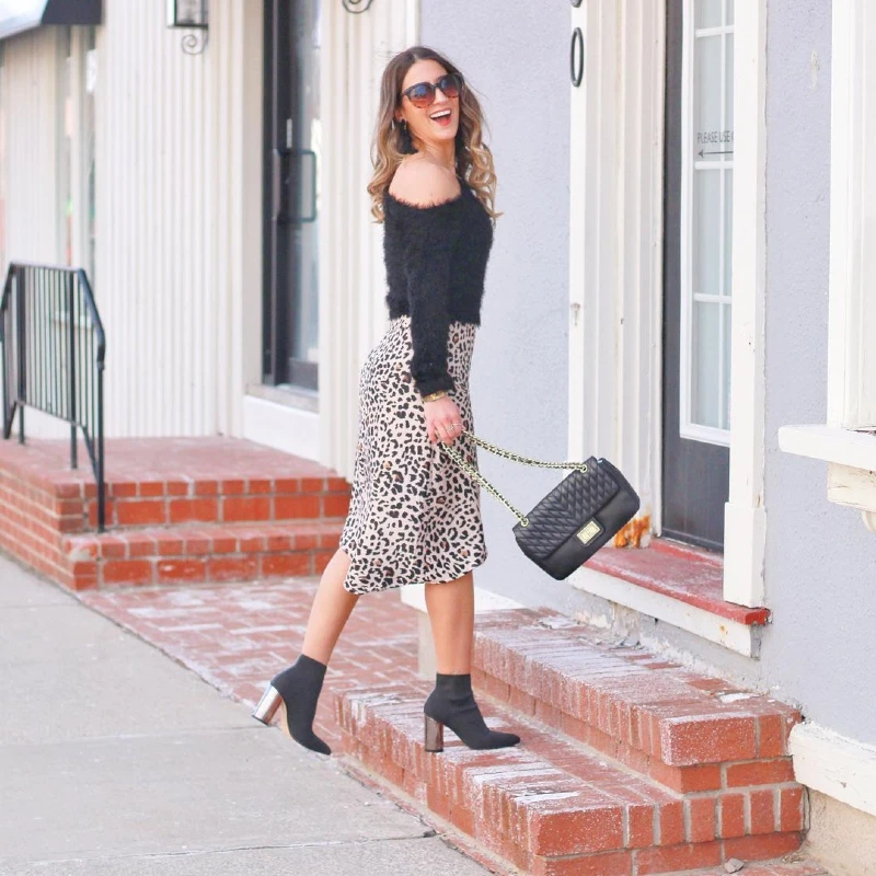 Fuzzy Sweater with Leopard Print Skirt