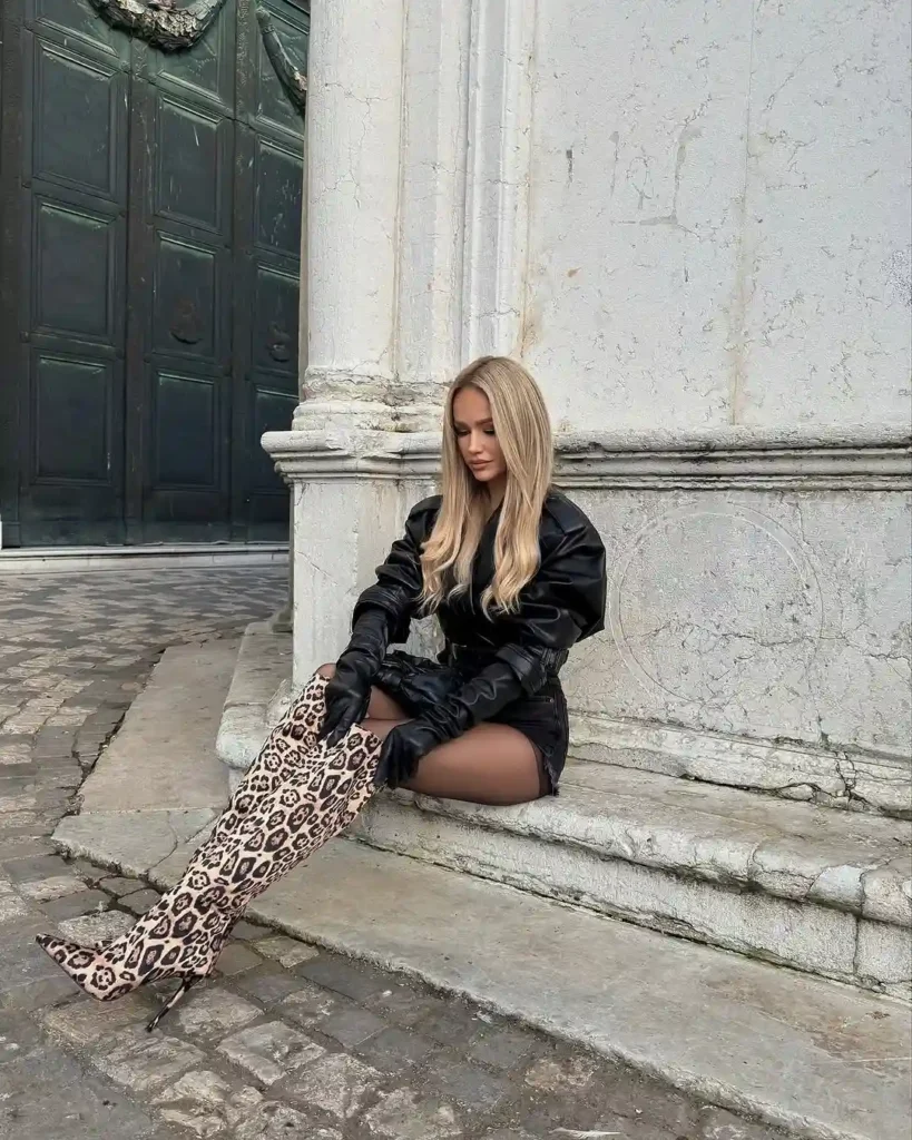 Black Leather Gloves with Leopard Statement Boots