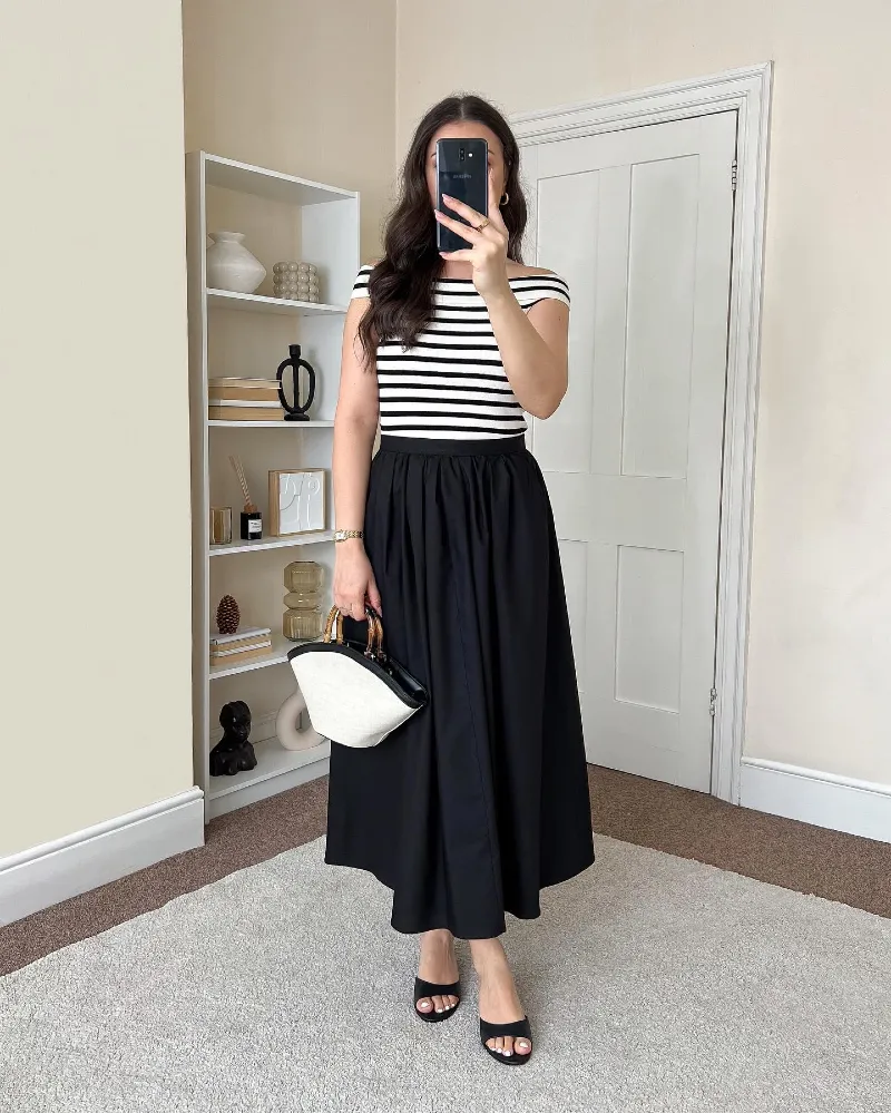 Black Maxi Skirt with Striped Tee