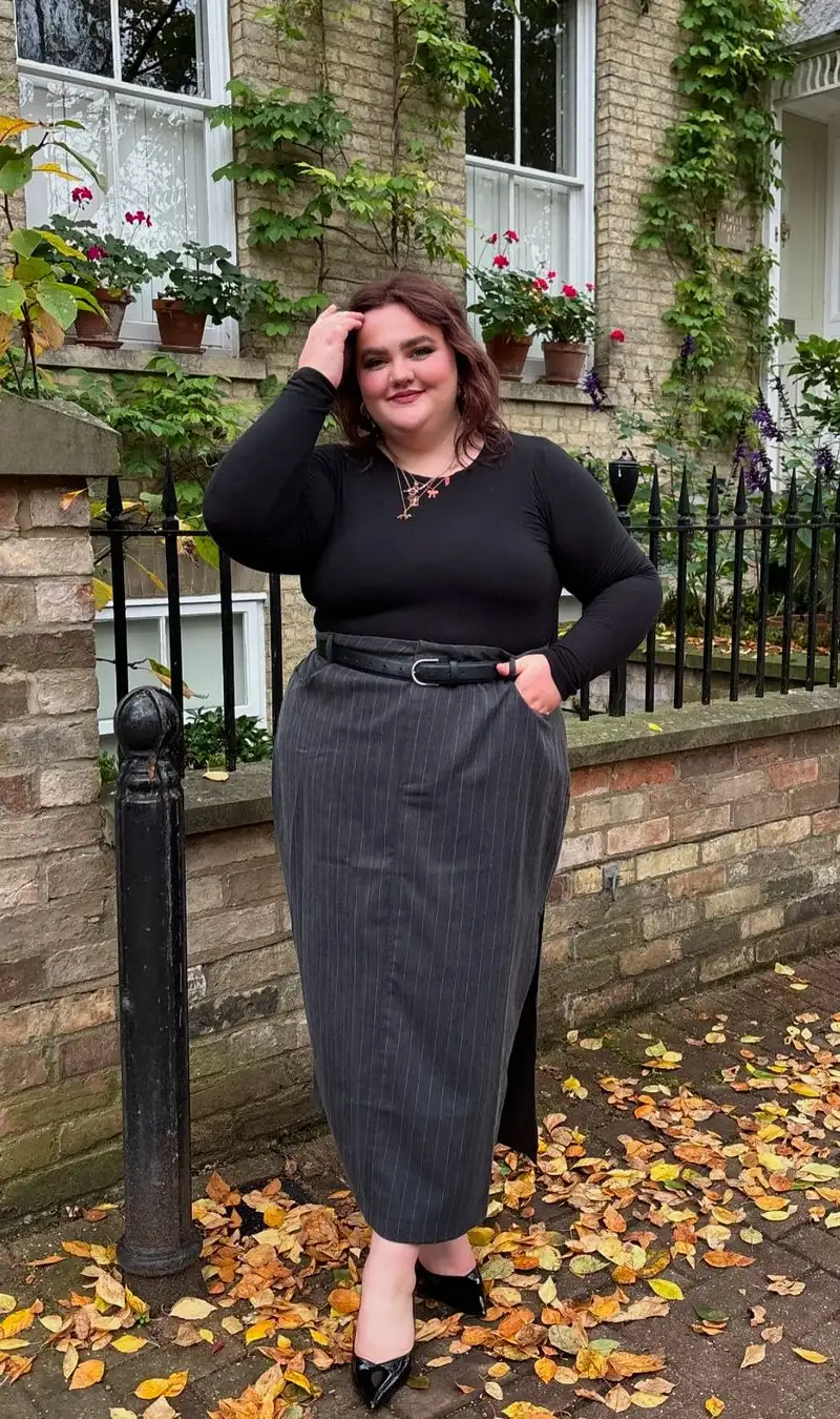 Black Top with Pinstripe Midi Skirt