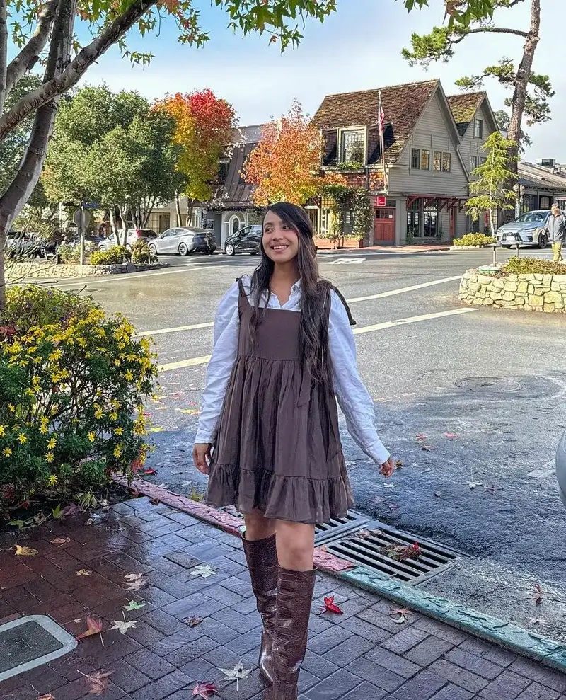 Brown Pinafore Dress with Knee-High Boots