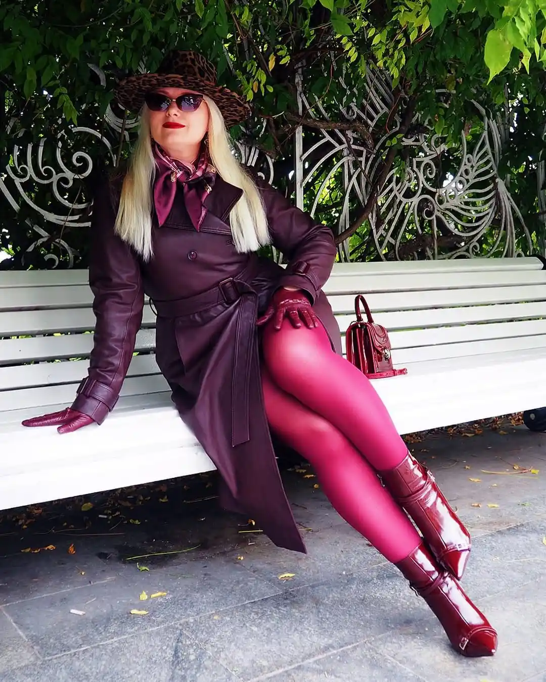 Burgundy Leather Gloves with Matching Trench Coat Ensemble