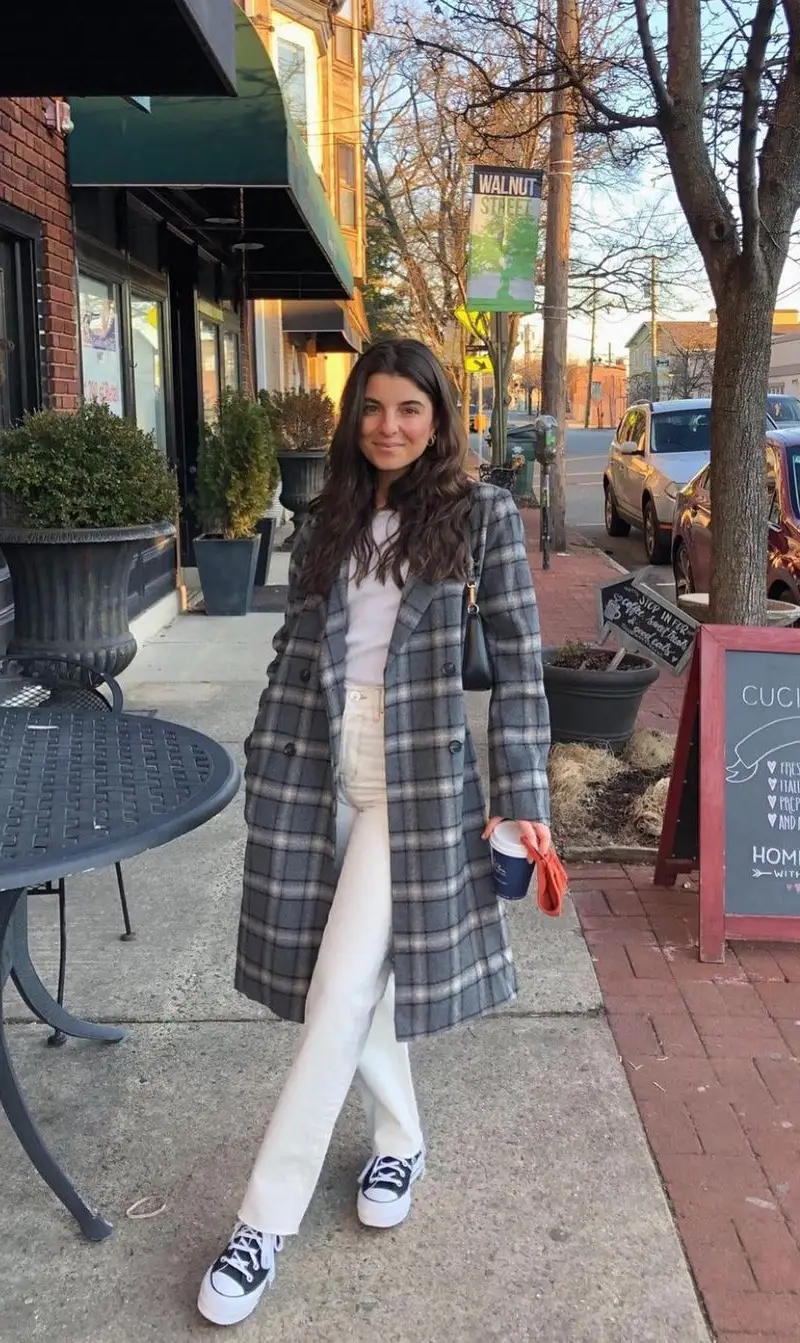 Casual Plaid Coat with White Jeans