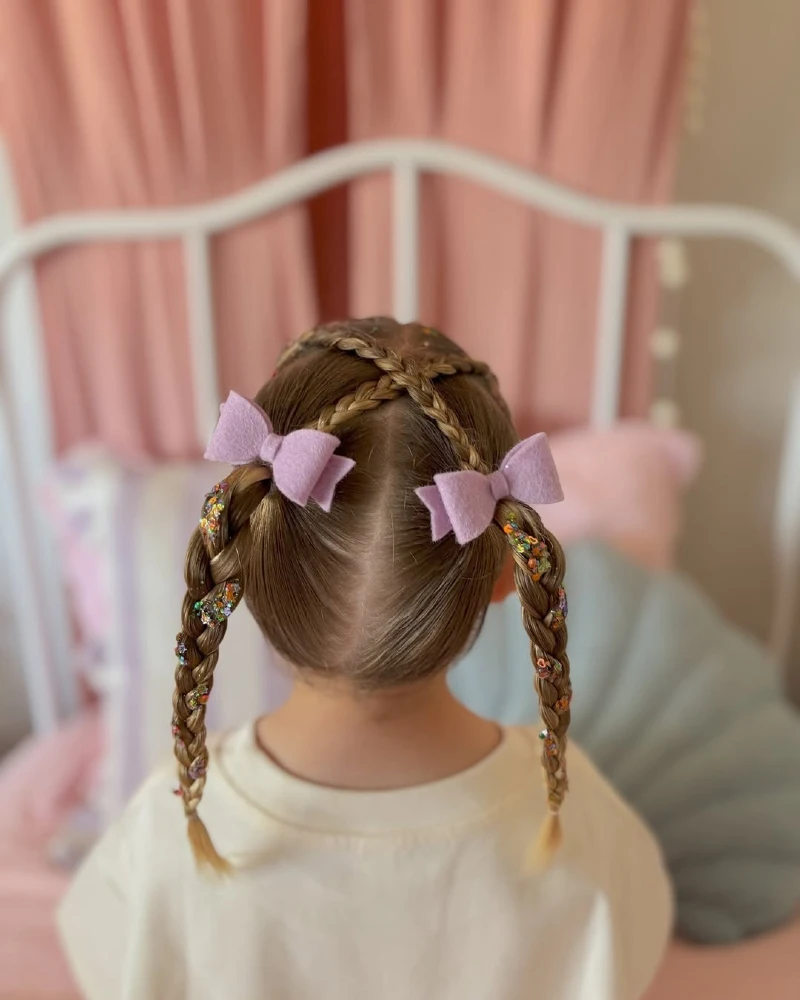 Double Braided Pigtails with Festive Bows