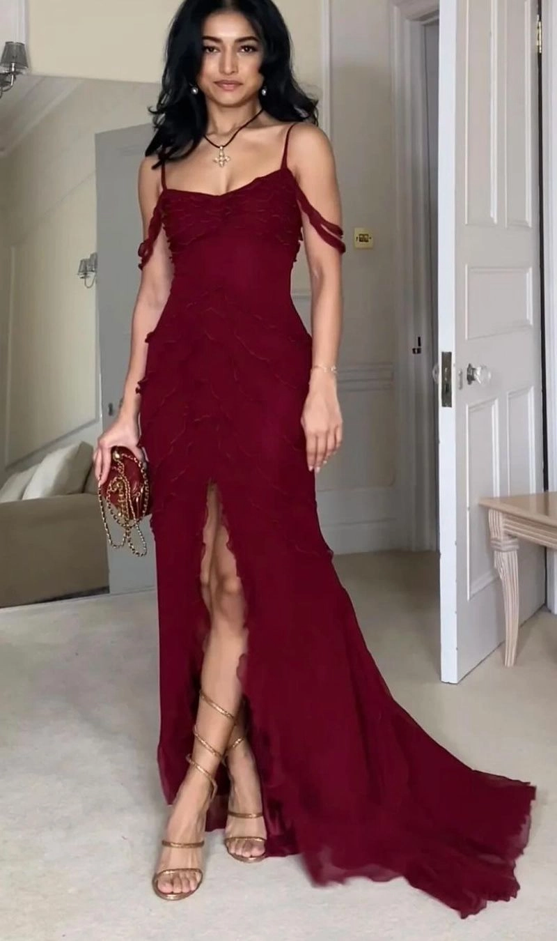 Elegant Burgundy Gown with Ruffled Layers