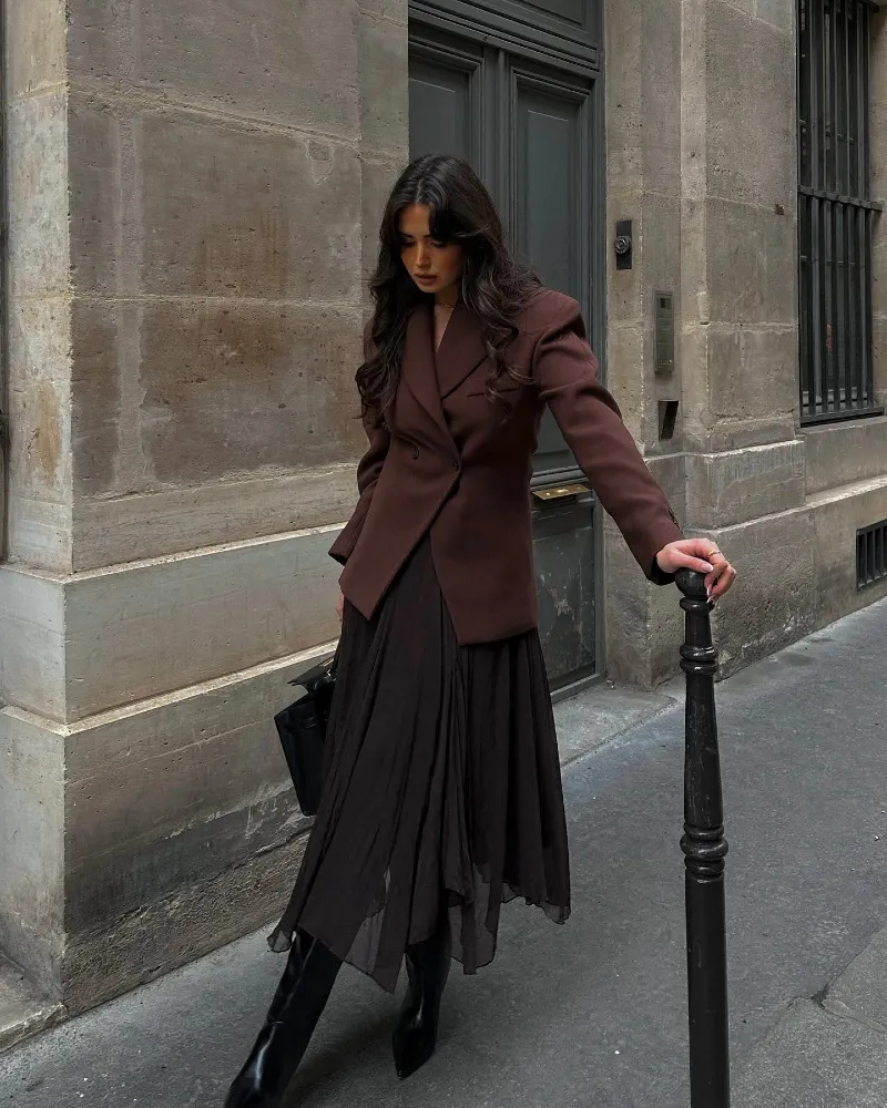 Flowing Black Maxi Skirt with Structured Blazer