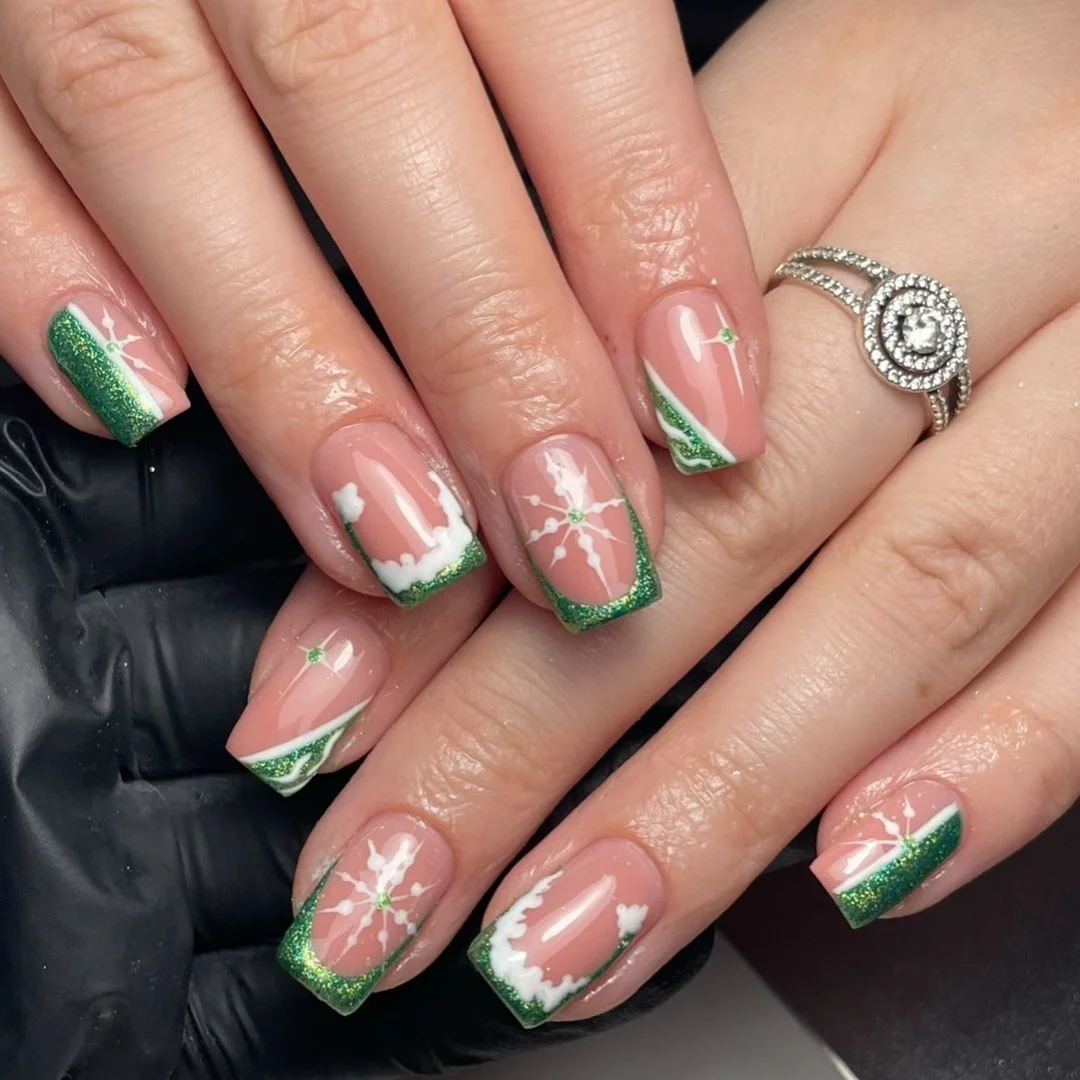 Glittering Green French Tips with Snowflakes