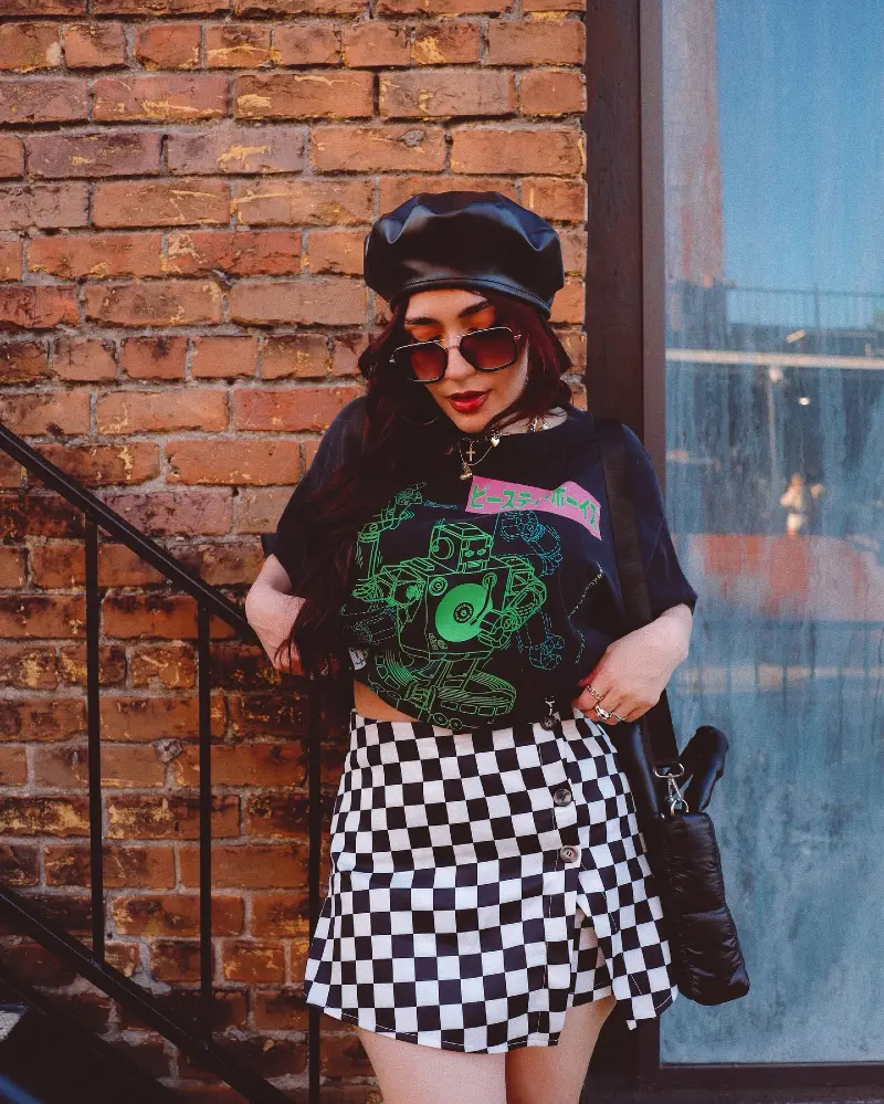 Graphic Tee & Checkerboard Skirt