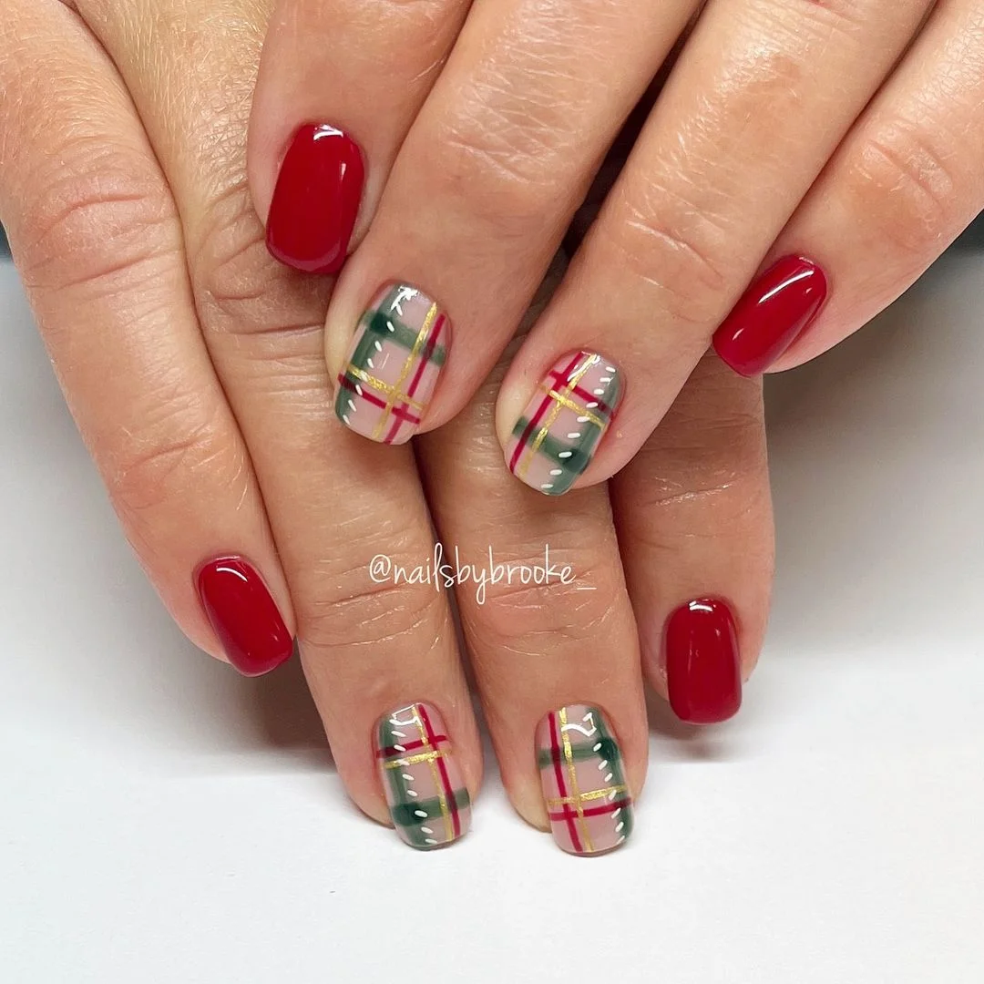 Holiday Plaid and Ruby Red Short Nails