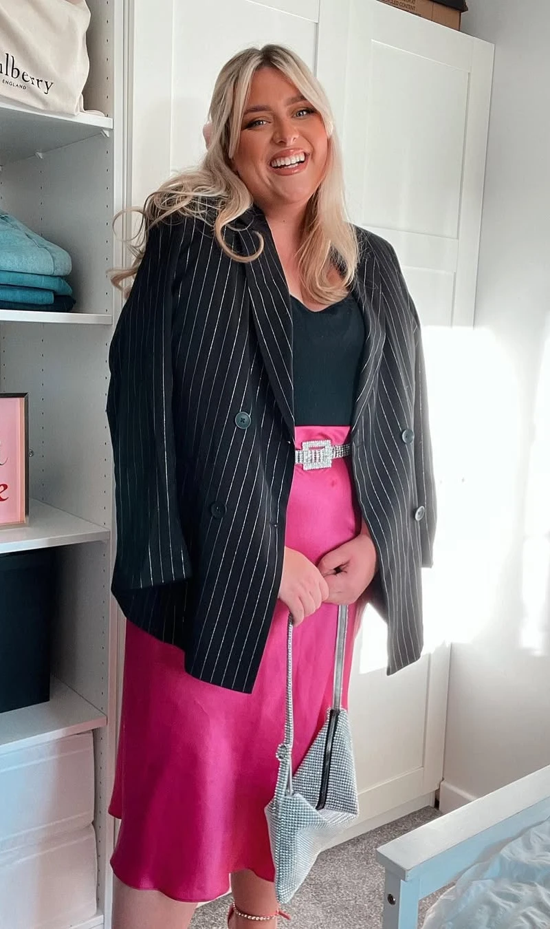 Pinstripe Blazer with Pink Satin Skirt