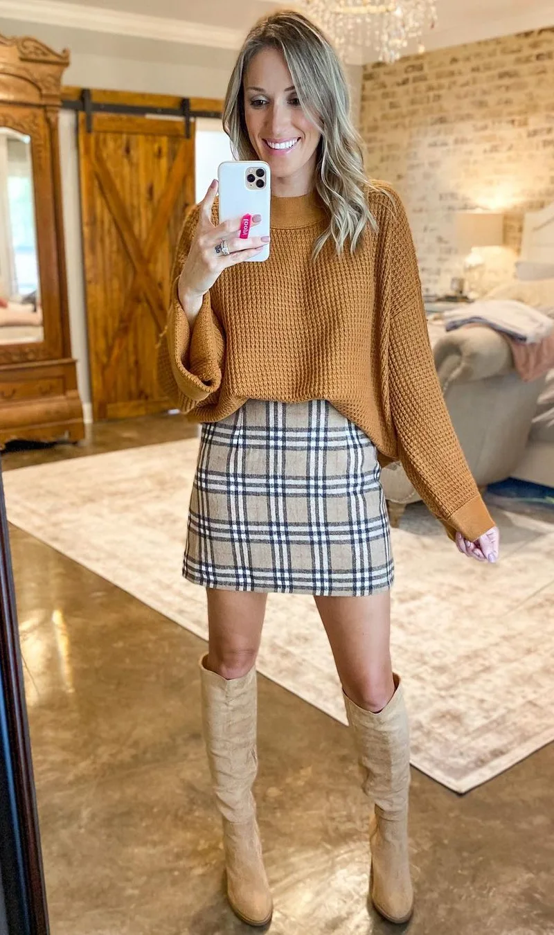 Plaid Mini Skirt with Knit Sweater