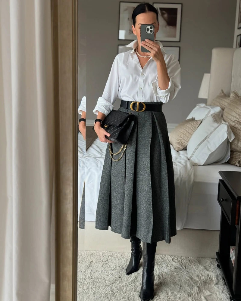 Pleated Black Maxi Skirt with Crisp White Shirt