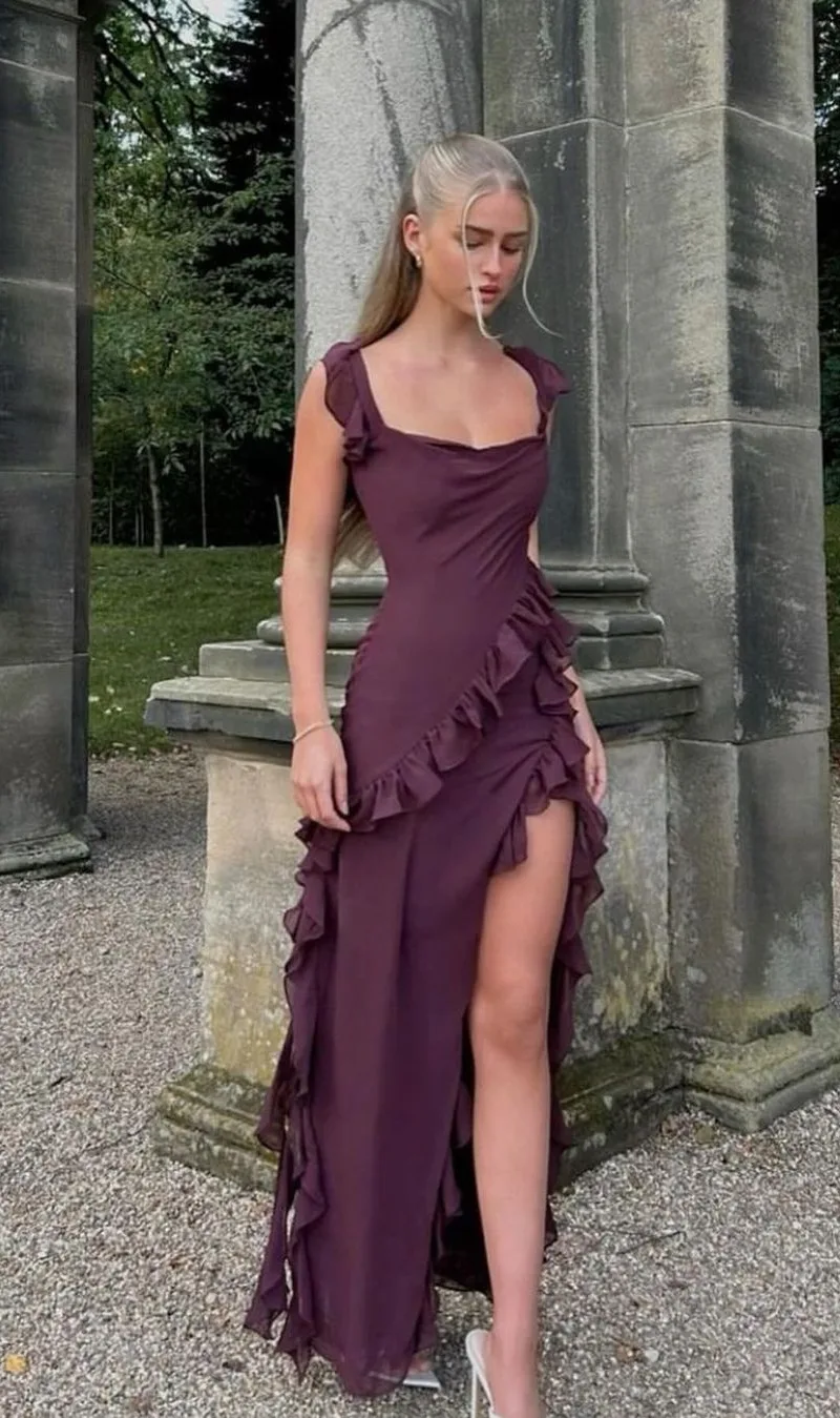 Plum Ruffle Gown with High Slit