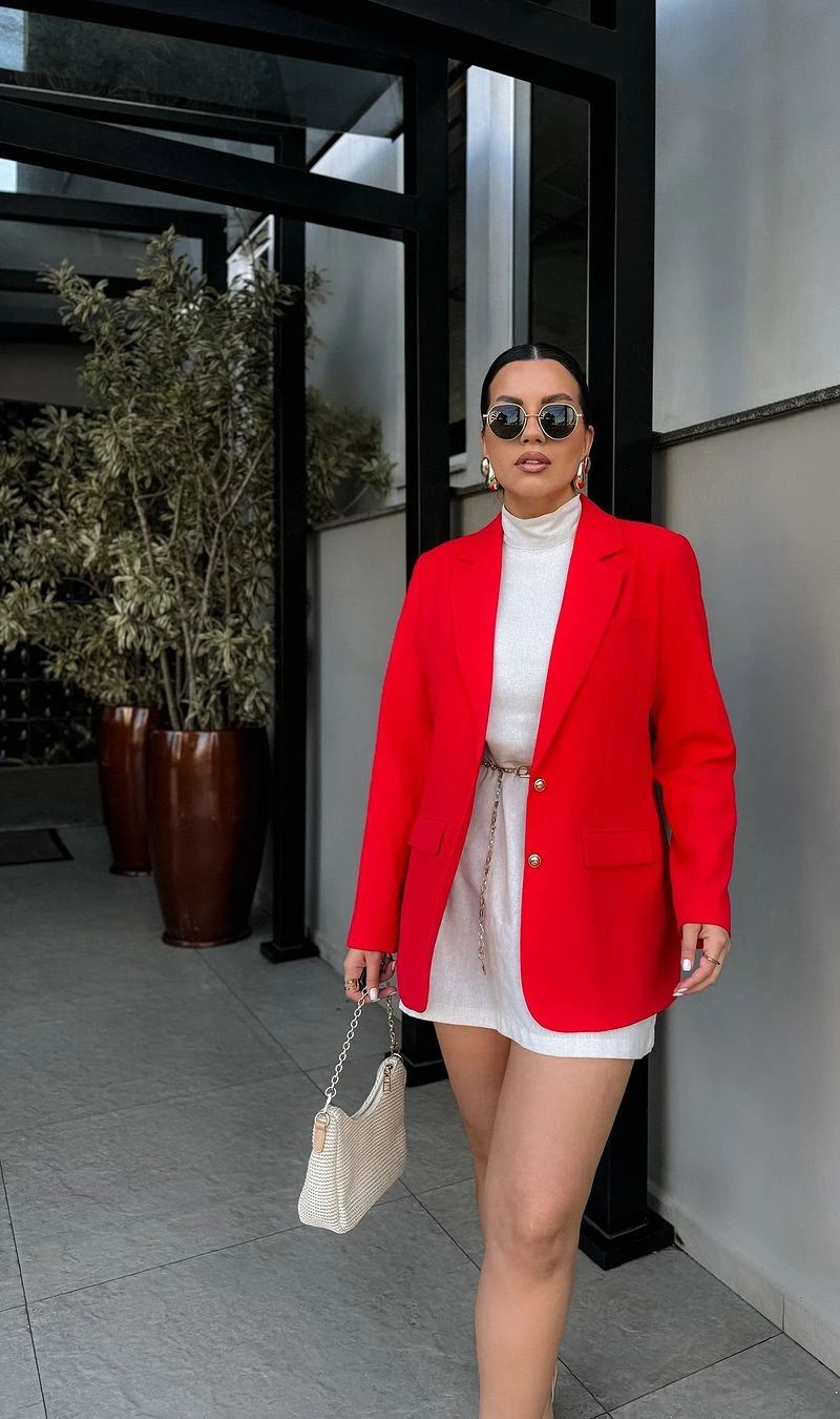 Red Blazer Over White Knit Dress