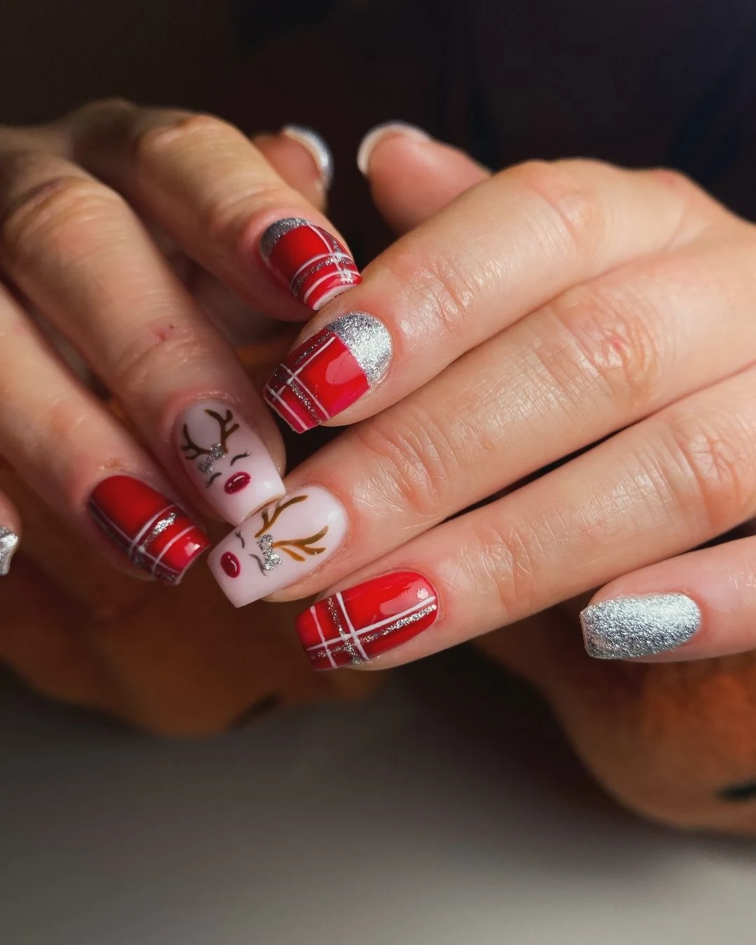 Reindeer and Plaid Christmas Nails