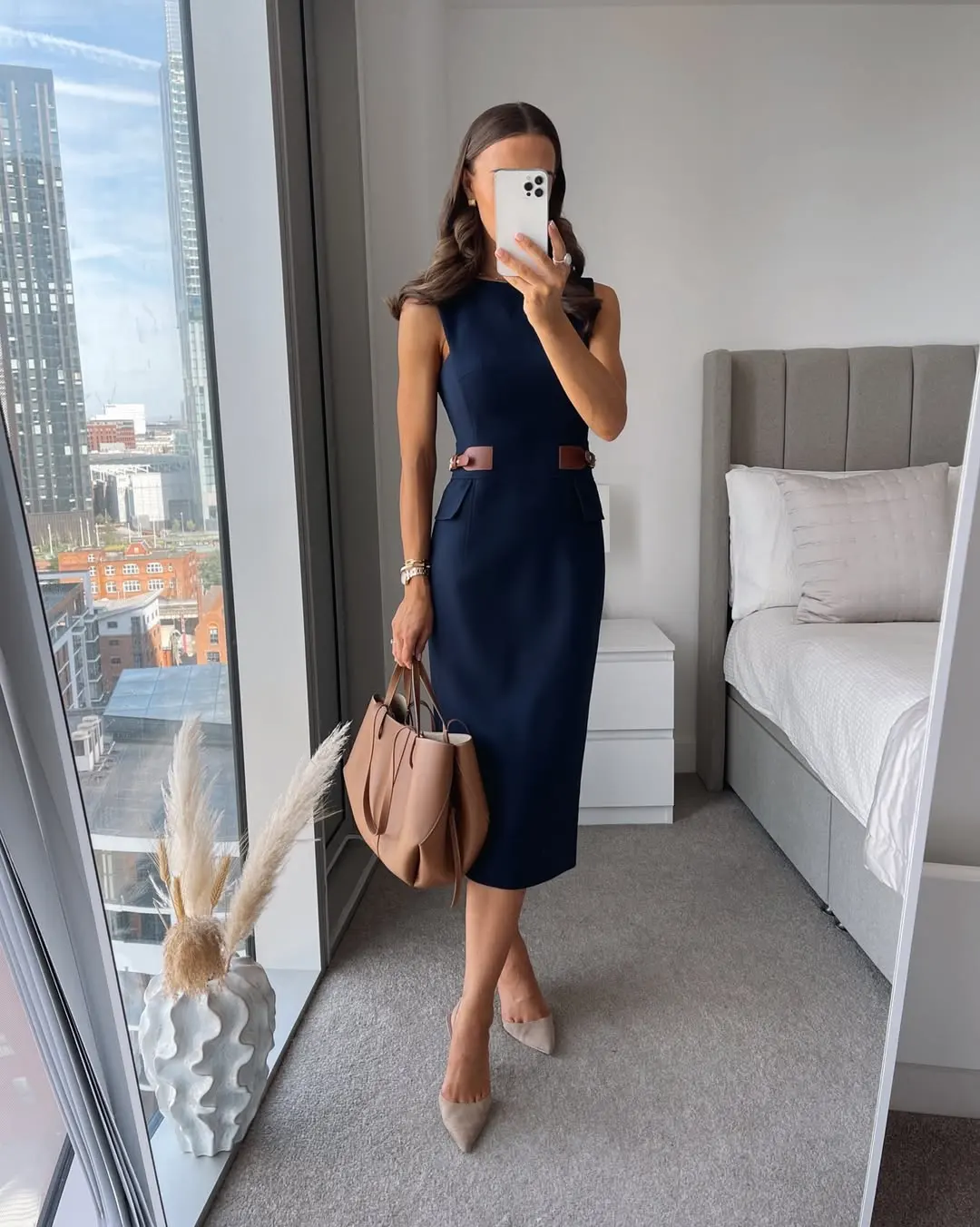 Sleek Navy Column Dress with Leather Accents