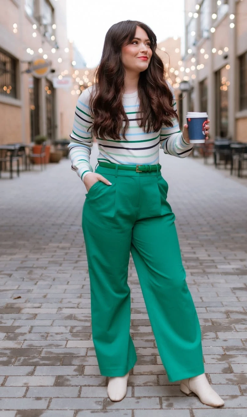 Striped & Green Power Look