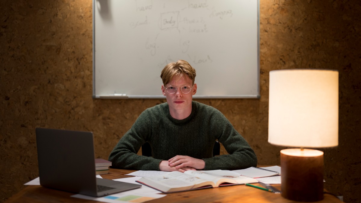 man making presentation virtual classroom
