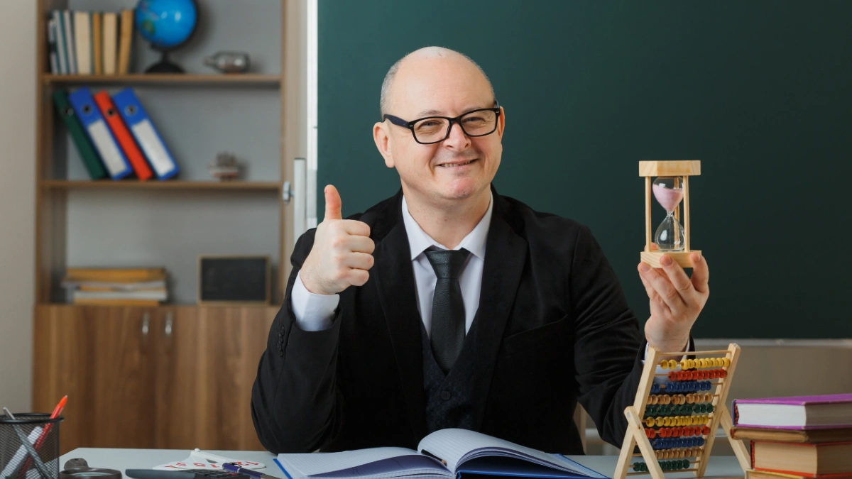man-teacher-wearing-glasses-sitting-school-desk-front-blackboard-classroom-holding-hour-glass-explaining-lesson-showing-thumb-up-happy-pleased